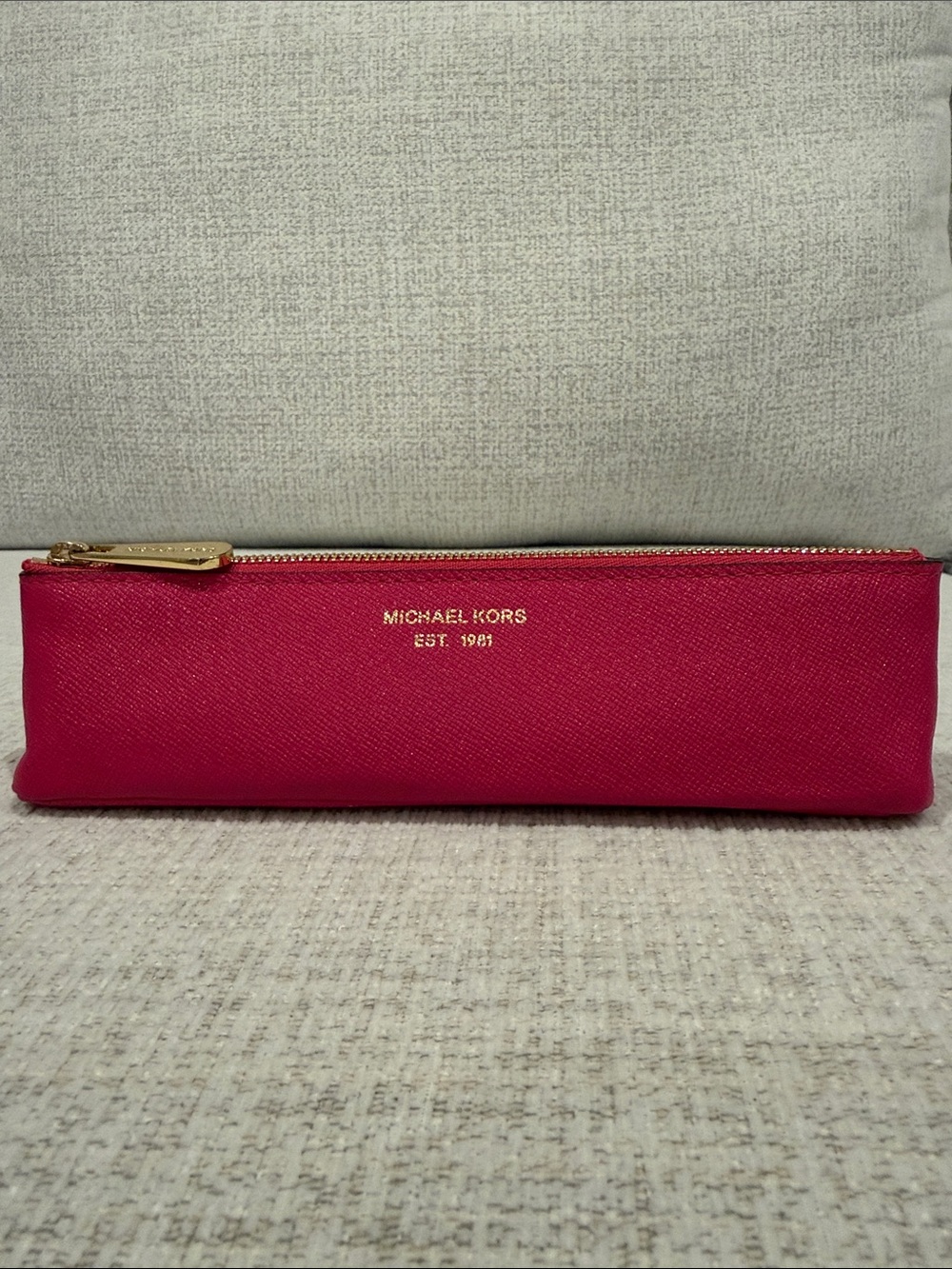 Michael Kors Hot Pink Zip Cosmetic Liner or Pencil Case with Gold Logo
